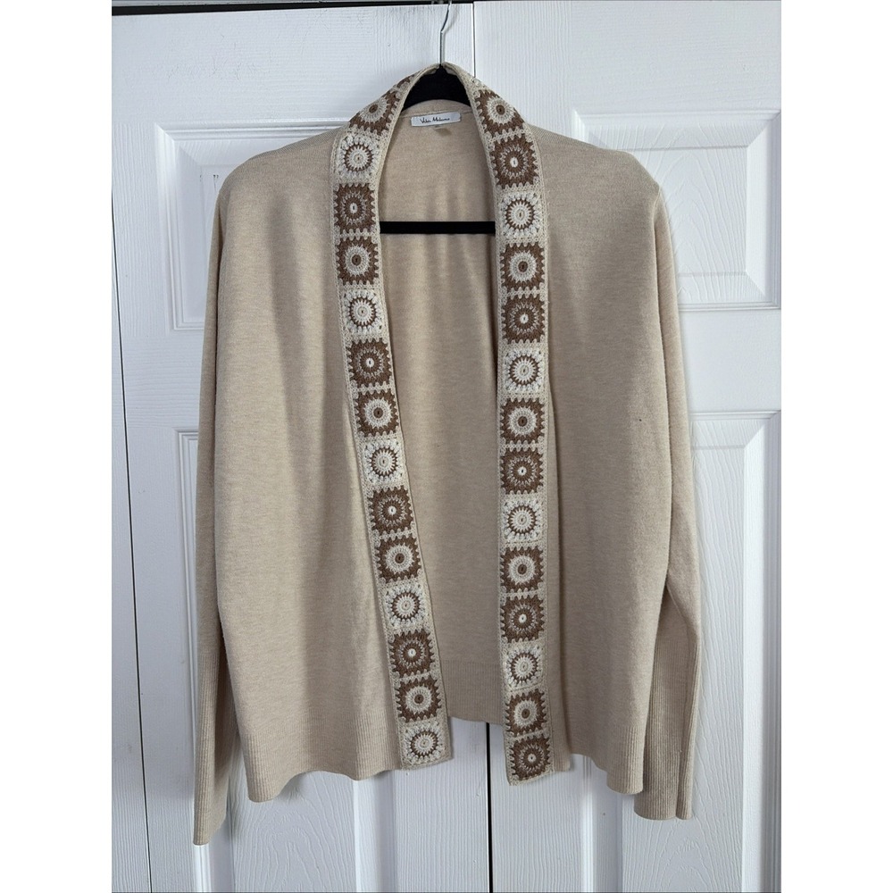 Vila Milano Crochet Trim Cardigan Womens XL Tan Open Front Sweater Boho Knit XL